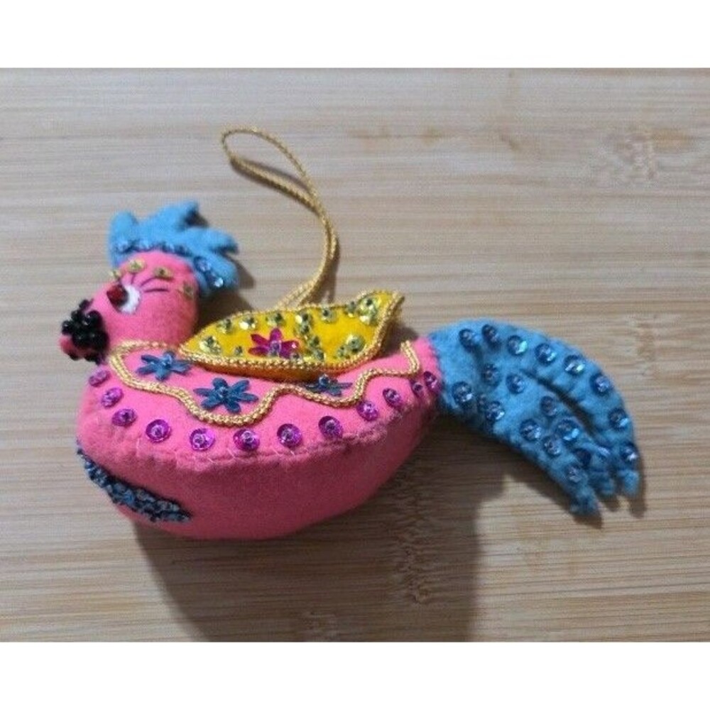 Vintage Bucilla Exotic Bird Handmade Felt Bead Sequin Pink 6"x4" Ornament Kitsch
